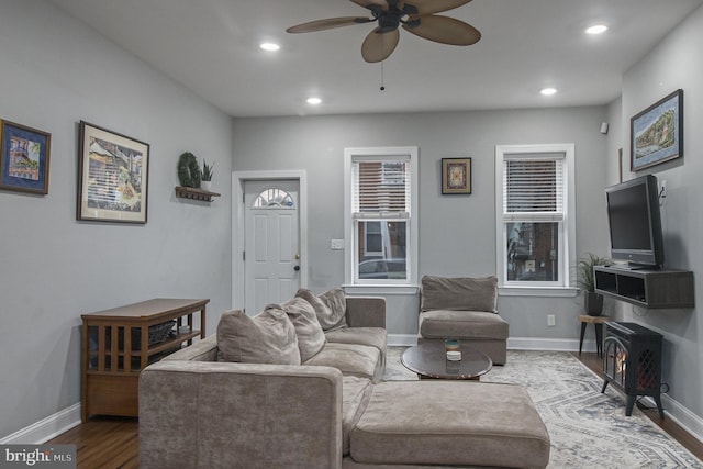 living room with ceiling fan and wood-type flooring