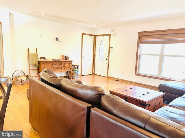 living room featuring light hardwood / wood-style flooring and crown molding