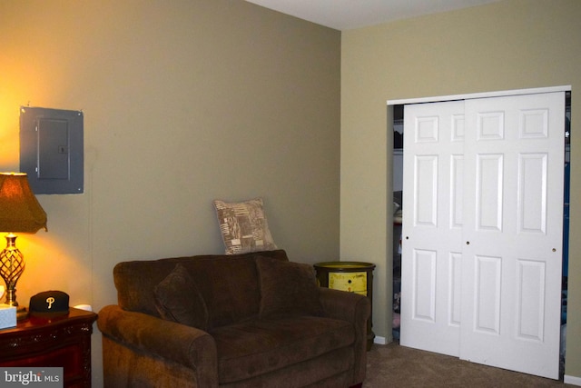 living room with electric panel and dark carpet