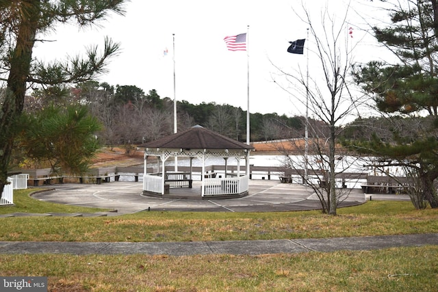 view of community featuring a gazebo and a lawn
