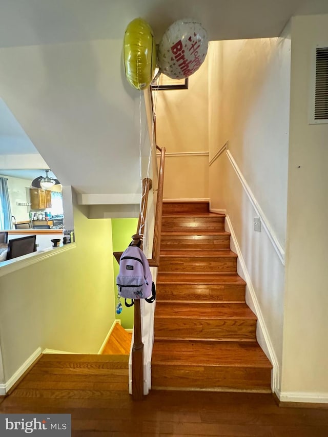 stairs with hardwood / wood-style flooring