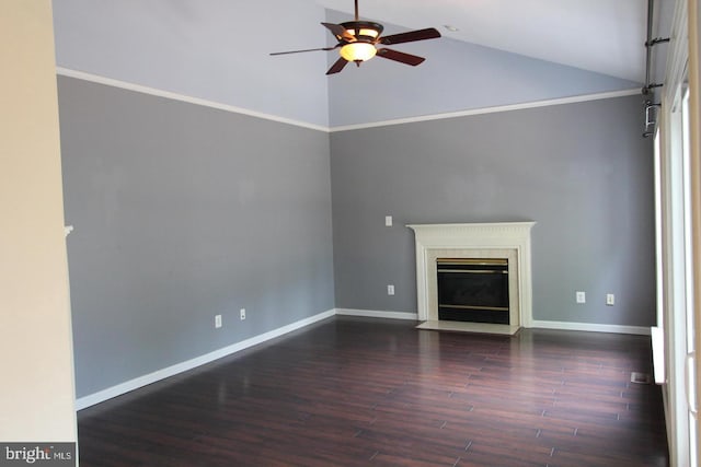 12360 Corncrib Ct, Bristow, VA 20136 - unfurnished living room featuring ceiling fan, wood finished floors, baseboards, high vaulted ceiling, and a high end fireplace