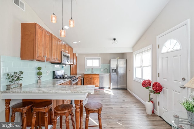 kitchen with kitchen peninsula, appliances with stainless steel finishes, light hardwood / wood-style flooring, and plenty of natural light