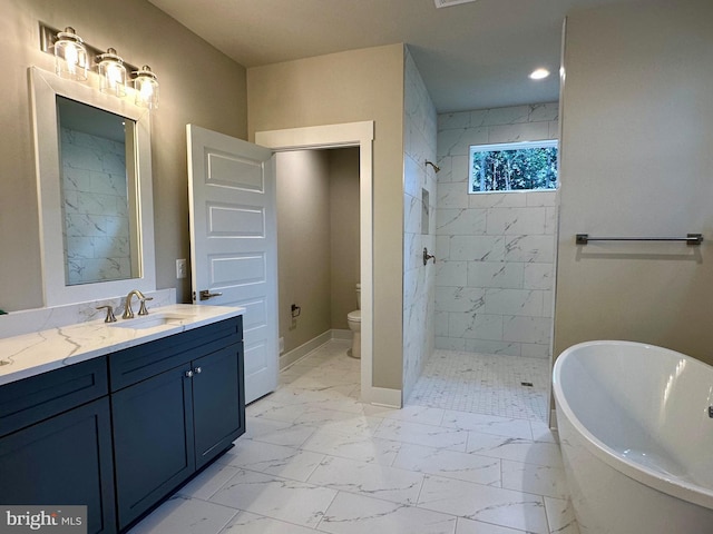 3104 Paper Mill Rd, Phoenix, MD 21131 - full bath with marble look tiles, a soaking tub, vanity, tiled shower, and recessed lighting