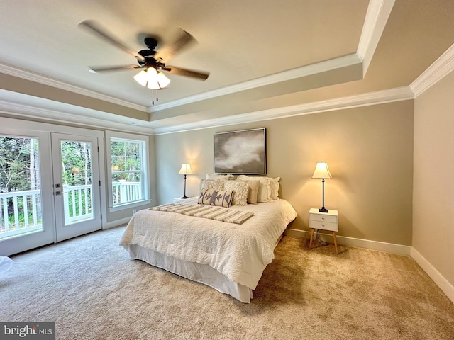 3104 Paper Mill Rd, Phoenix, MD 21131 - bedroom featuring a tray ceiling, access to outside, carpet flooring, crown molding, and baseboards