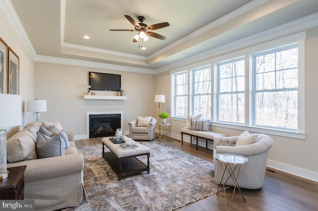 living room featuring ornamental molding, dark hardwood / wood-style floors, and a raised ceiling