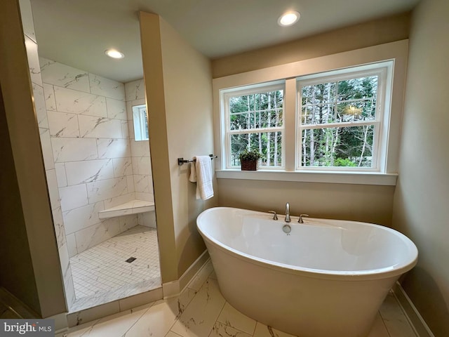 3104 Paper Mill Rd, Phoenix, MD 21131 - bathroom with baseboards, a freestanding bath, tiled shower, recessed lighting, and marble finish flooring