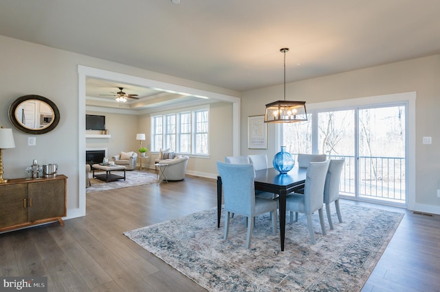 dining space featuring an inviting chandelier, wood-type flooring, and a tray ceiling