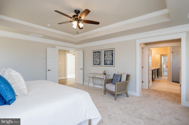 carpeted bedroom with crown molding, a raised ceiling, and ceiling fan