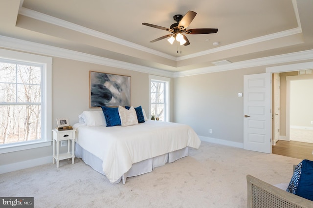 carpeted bedroom featuring crown molding, a raised ceiling, and ceiling fan