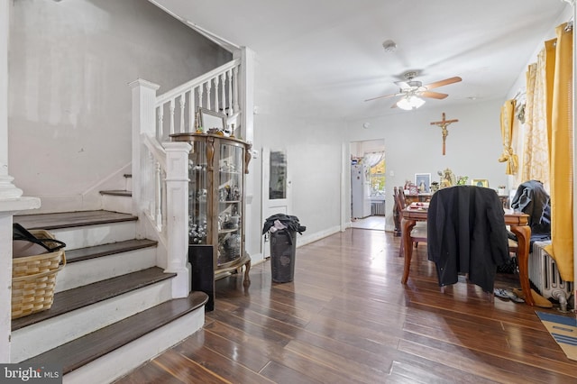 foyer entrance with dark hardwood / wood-style floors and ceiling fan