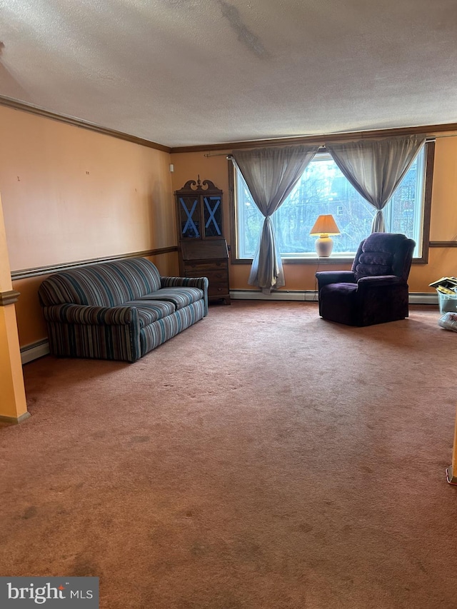 unfurnished living room with carpet flooring, ornamental molding, and a baseboard heating unit