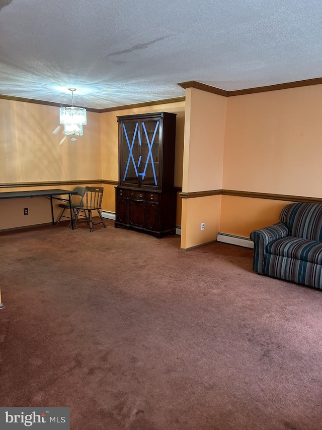 sitting room featuring carpet flooring, crown molding, a textured ceiling, and a baseboard heating unit