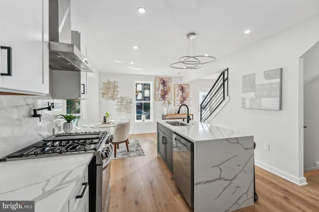 kitchen with sink, wall chimney exhaust hood, a kitchen island with sink, white cabinets, and appliances with stainless steel finishes