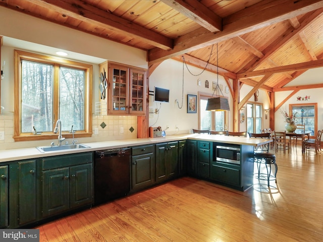 kitchen with pendant lighting, tasteful backsplash, dishwasher, sink, and kitchen peninsula