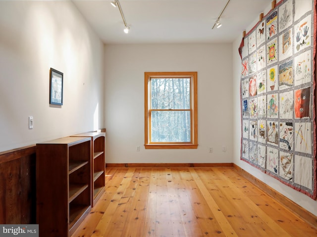 spare room with light hardwood / wood-style flooring and rail lighting