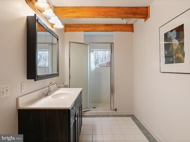 bathroom with tile patterned flooring, vanity, beam ceiling, and a shower with shower door