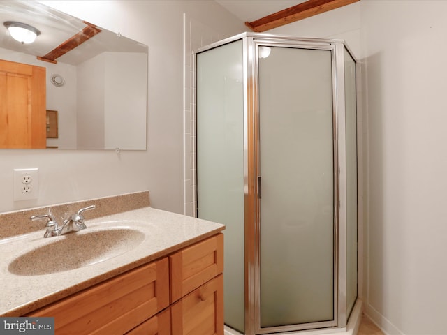 bathroom with vanity and a shower with shower door