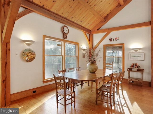 dining room featuring beamed ceiling, wood ceiling, high vaulted ceiling, and light hardwood / wood-style flooring