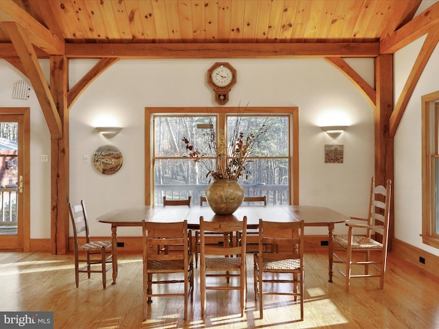 dining area featuring wood ceiling, lofted ceiling with beams, and light wood-type flooring