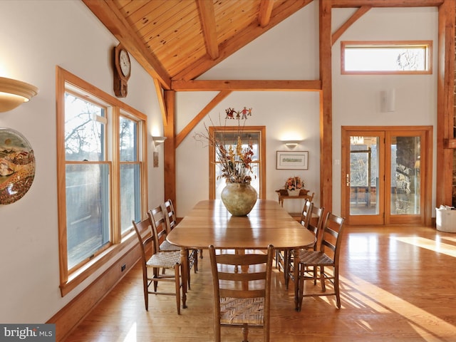 dining space with wood ceiling, beam ceiling, high vaulted ceiling, and light hardwood / wood-style flooring