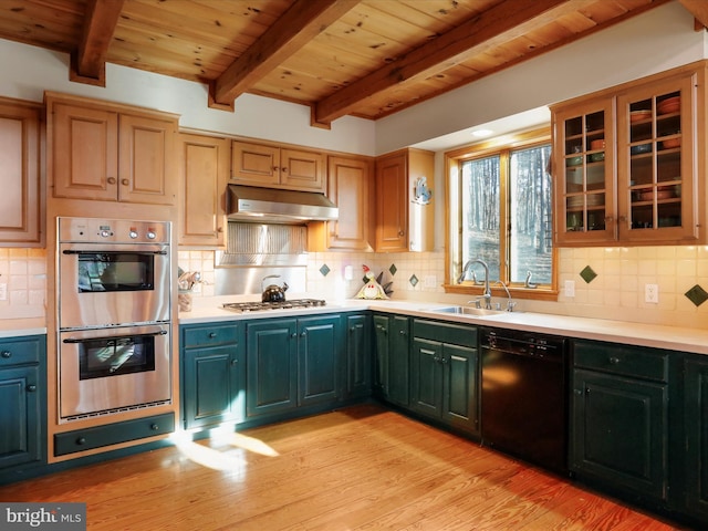 kitchen with sink, gas stovetop, wood ceiling, dishwasher, and stainless steel double oven