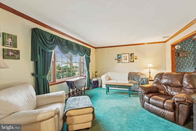 living room with carpet flooring and crown molding