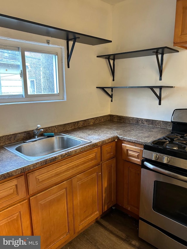 kitchen featuring sink, dark hardwood / wood-style floors, and stainless steel gas range