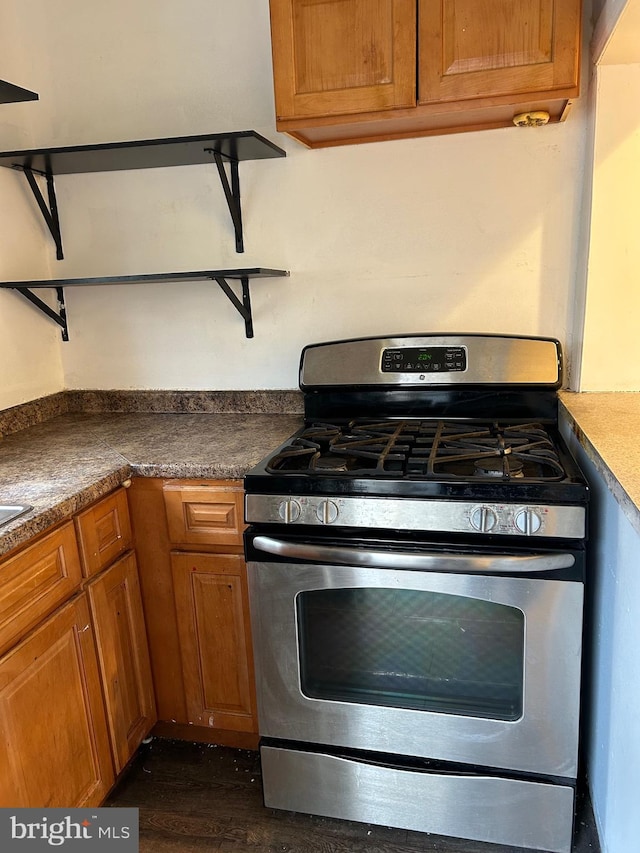 kitchen with gas stove and dark hardwood / wood-style floors