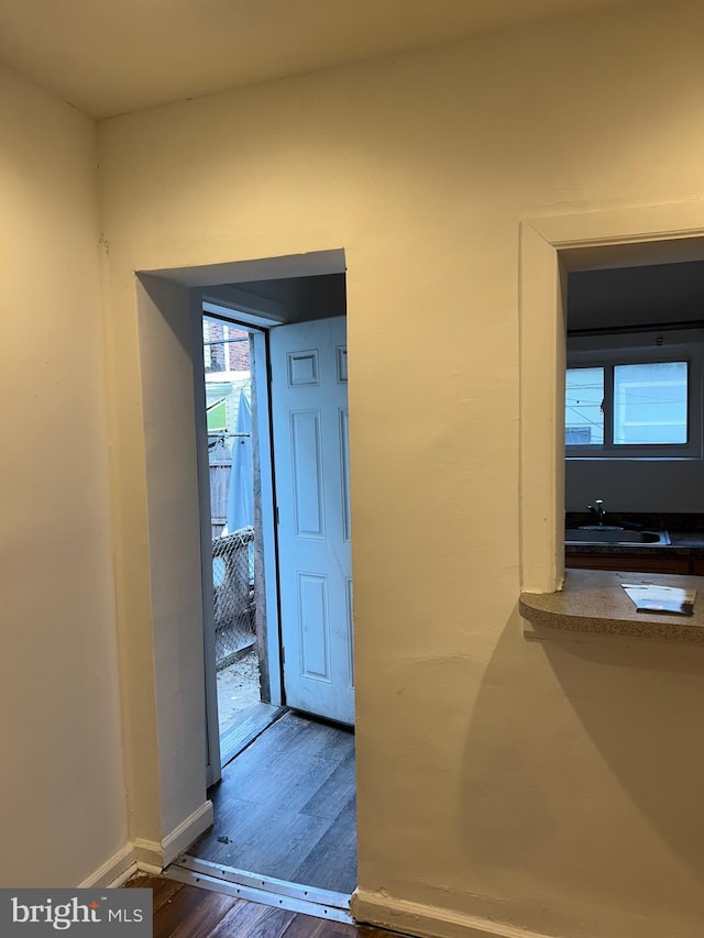 foyer entrance with plenty of natural light, dark hardwood / wood-style floors, and sink