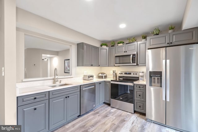 kitchen featuring gray cabinetry, sink, stainless steel appliances, and light hardwood / wood-style flooring