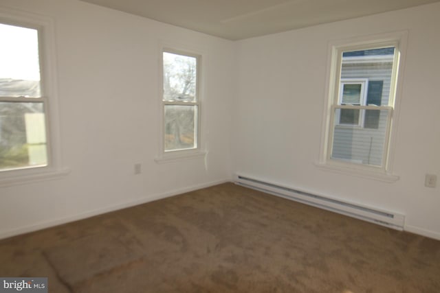 spare room with dark carpet and baseboard heating