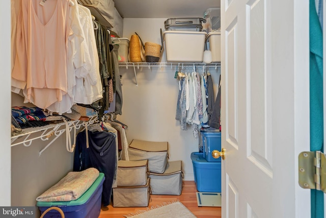 walk in closet with light hardwood / wood-style floors