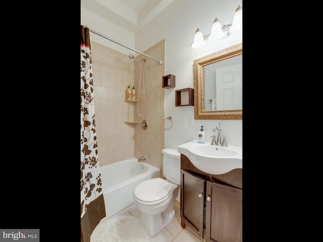 full bathroom featuring vanity, tile patterned flooring, shower / bathtub combination with curtain, and toilet