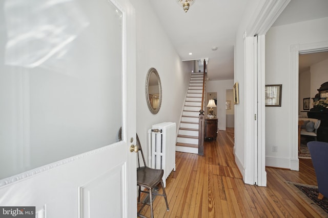 hallway featuring light hardwood / wood-style floors and radiator