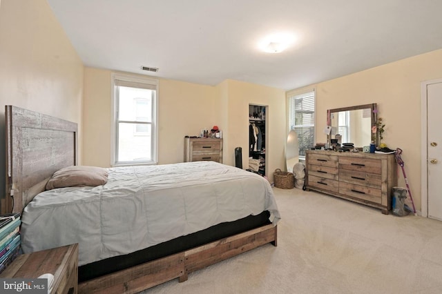 carpeted bedroom featuring a walk in closet and a closet