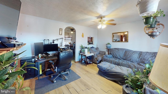 home office featuring light hardwood / wood-style flooring and a textured ceiling