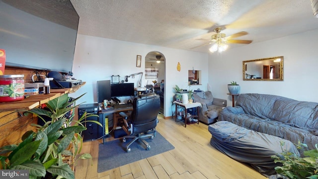 home office featuring a textured ceiling, light hardwood / wood-style flooring, and ceiling fan