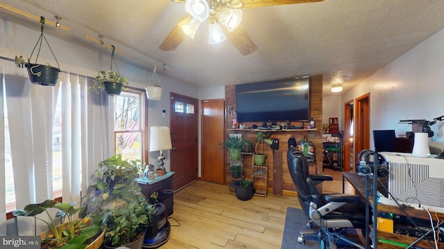 office space featuring ceiling fan, a textured ceiling, and light hardwood / wood-style flooring