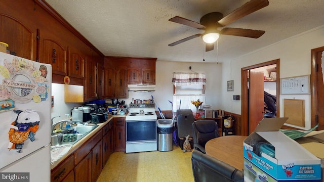 kitchen featuring a textured ceiling, ceiling fan, sink, and white appliances