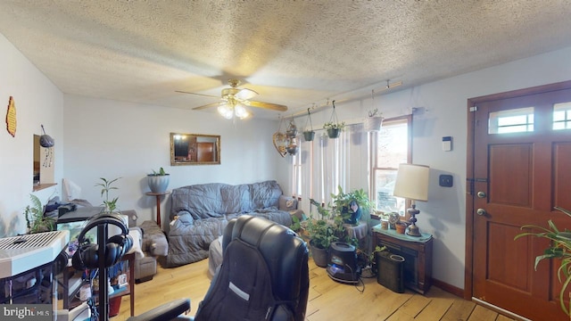 living room with a textured ceiling, light hardwood / wood-style floors, and ceiling fan