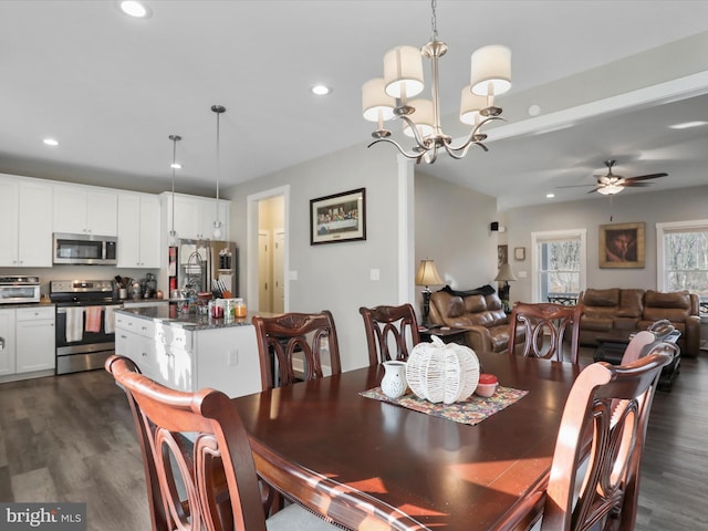 1150 Lewisville Rd, Berryville, VA 22611 - dining space with dark wood-type flooring, recessed lighting, a chandelier, and a ceiling fan