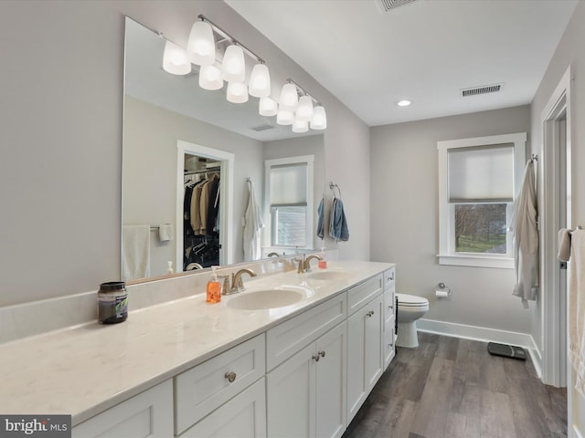 1150 Lewisville Rd, Berryville, VA 22611 - full bath featuring double vanity, toilet, wood finished floors, a spacious closet, and baseboards