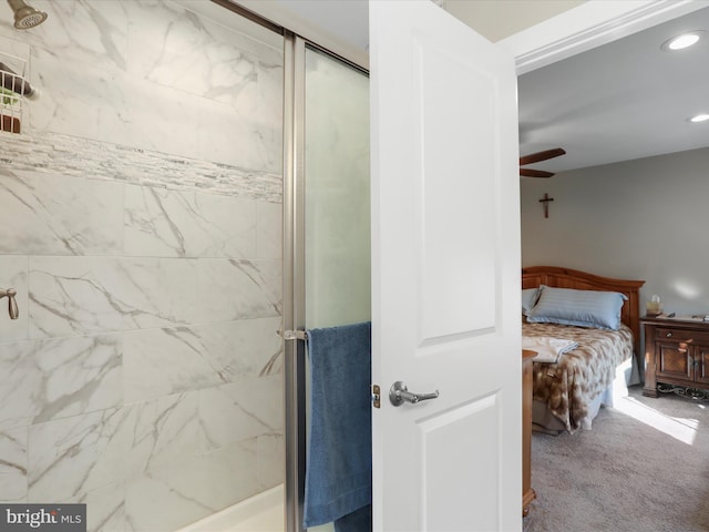 1150 Lewisville Rd, Berryville, VA 22611 - full bath with connected bathroom, a shower stall, ceiling fan, and recessed lighting
