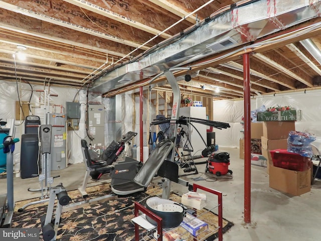 exercise area with electric panel and water heater