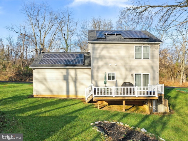 1150 Lewisville Rd, Berryville, VA 22611 - rear view of house with solar panels, a yard, a deck, and a shingled roof