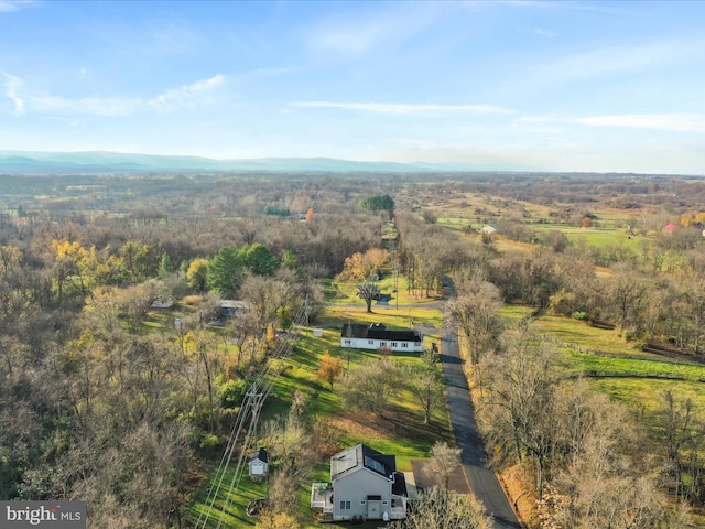 aerial view featuring a mountain view and a rural view