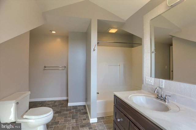 full bathroom with vanity, toilet, shower with separate bathtub, and vaulted ceiling