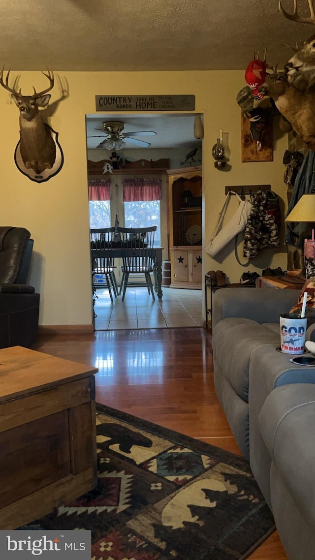 560 Frosty Hollow Rd, Fisher, WV 26818 - living room featuring ceiling fan, wood finished floors, a textured ceiling, and baseboards
