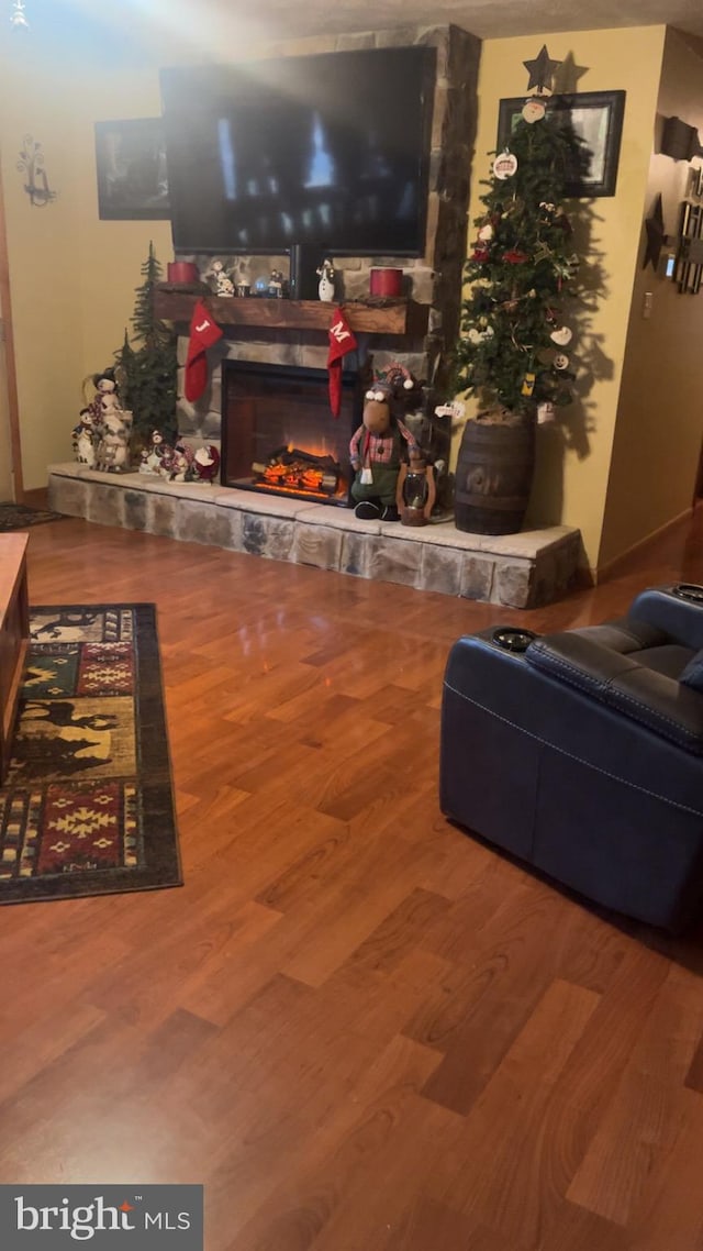 living room with a fireplace and hardwood / wood-style floors